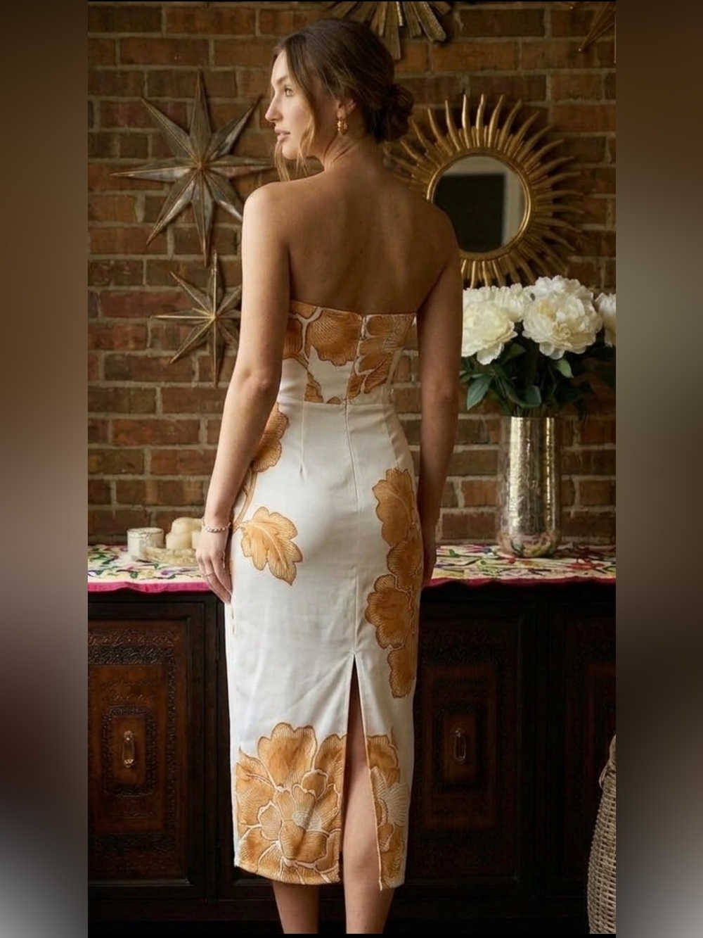 Cream & Orange Floral Strapless Dress - Picture 2 of 9